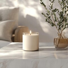 Scented Candle on Marble Tabletop with Greenery