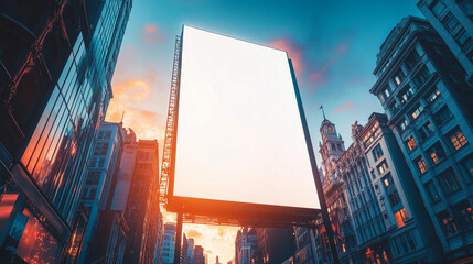 A blank vertical billboard towering above a city street, showcasing potential advertising concepts