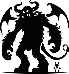 Happy Halloween. Cute monster icon Cartoon kawaii funny baby character. silhouette. Sticker print. Eyes, horns, fang teeth, wing. Childish style. Flat design Black background Vector