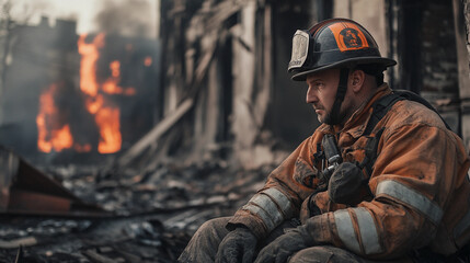 Exhausted firefighter sitting among ruins. A fireman in protective gear rests after battling flames, with a burned house in the background