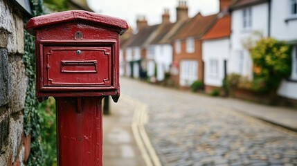 Historic red mailbox stands prominently on a British street, symbolizing timeless communication and cultural heritage.