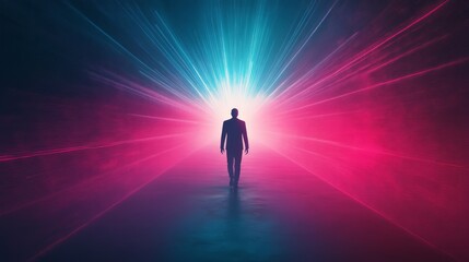 Mysterious Figure Walking Towards Vibrant Light in an Abstract Surreal Setting, Symbolizing Hope, Discovery, and Transformation in a Colorful Atmosphere