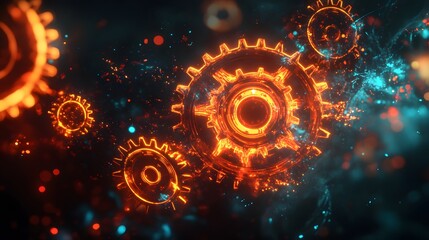 Fototapeta premium Glowing Orange Gears Rotating in Dark Space