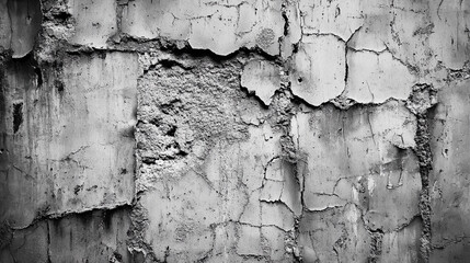 Obraz premium Cracked and weathered concrete wall texture in grayscale, ideal for backgrounds, construction themes, or urban design projects