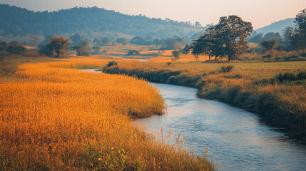 Obraz premium Serene river flows through golden fields at sunset in a tranquil landscape