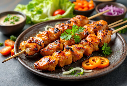 Asian meat and chicken skewers with dipping sauces and vegetables, satai or satay