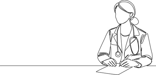 continuous line drawing of female medical doctor with stethoscope taking notes, line art vector illustration
