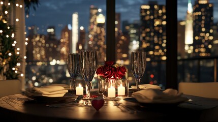 A romantic Valentine's Day dinner setting, candlelit table for two, elegant decor, soft lighting, with a city skyline in the background