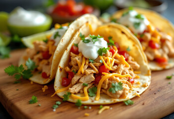Baked tacos with pulled chicken and cheese with sour cream and salsa served on a wooden board with lime