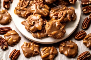 Naklejka premium A gourmet chocolate praline filled with crunchy pecans, with a glossy chocolate coating