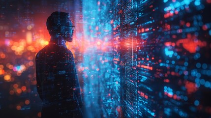 A silhouette of a person standing in front of a glowing digital wall, with a blurred background of city lights. AI generative. .