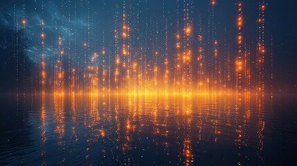 Fototapeta premium Glowing digital rain over a tranquil water surface.