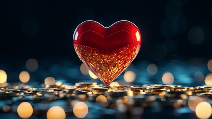 Red heart figurine illuminated vividly against a monochrome backdrop of shiny gold coins, creating a stark yet emotional visual narrative