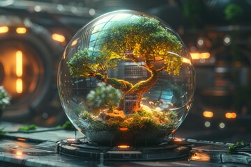 A glowing tree encased in glass on a futuristic platform. AI generative. .