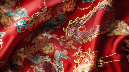 Intricate Snake Patterns on Traditional Red Fabric