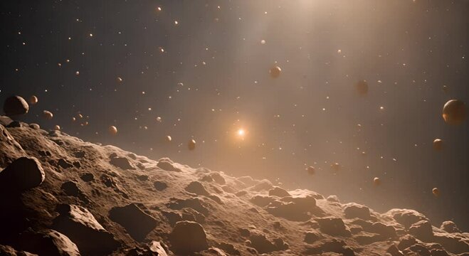 Asteroid Belt Adventure a journey through an asteroid belt, with the camera weaving between asteroids, showcasing their rugged surfaces and varying sizes
