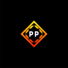 PP initials dynamic geometric logo design features a bold lettering sign in an orange and black color scheme, displayed against a dark background