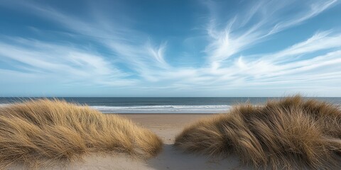 Gentle sea breeze blows through soft grass on the shore under a bright blue sky with wispy clouds