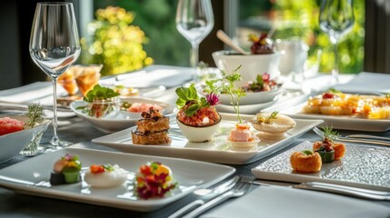 Elegant dining experience featuring an array of gourmet dishes in a beautifully arranged table setting