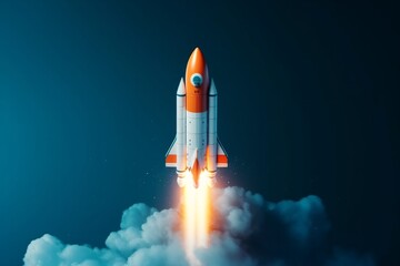 Orange and white rocket lifting off into the blue sky with smoke trail. AI generative. .