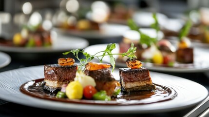 Elegant dining experience featuring an array of gourmet dishes in a beautifully arranged table setting
