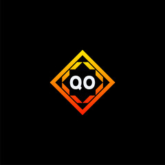 QO initials dynamic geometric logo design features a bold lettering sign in an orange and black color scheme, displayed against a dark background