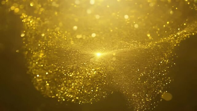 Vibrant gold particles shimmer dark background creating video of glitter effect dynamic motion soft bokeh highlights ultra HD resolution