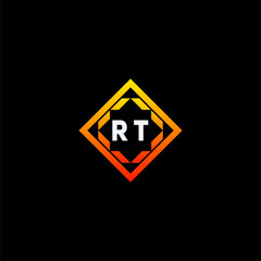 RT initials dynamic geometric logo design features a bold lettering sign in an orange and black color scheme, displayed against a dark background