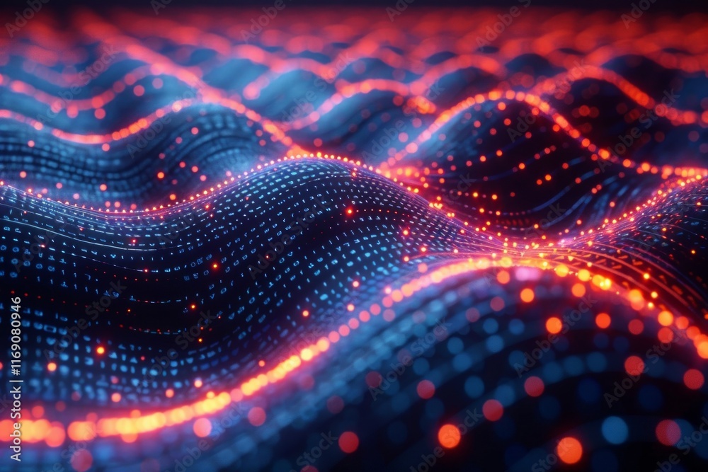 Wall mural abstract blue and red glowing wave with digital patterns. ai generative. .