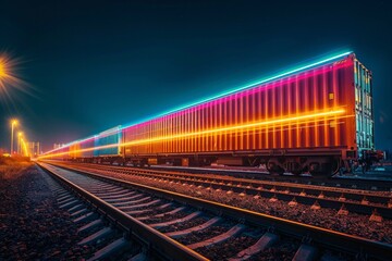 Fototapeta premium A train illuminated with neon lights streaks across the tracks. AI generative. .