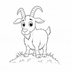 Playful Cartoon Goat Standing on Grass in Black and White Outline