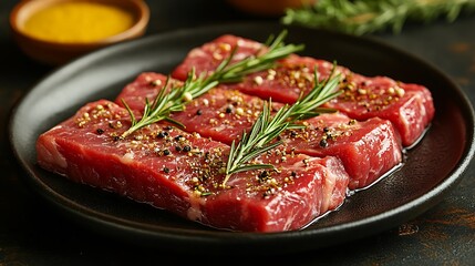 Raw Gourmet Steak Marbled Rosemary Seasoned Ready Perfect Dinner Photo