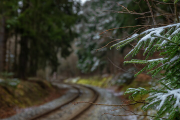 Railway track in winter forest near Lcovice stop village
