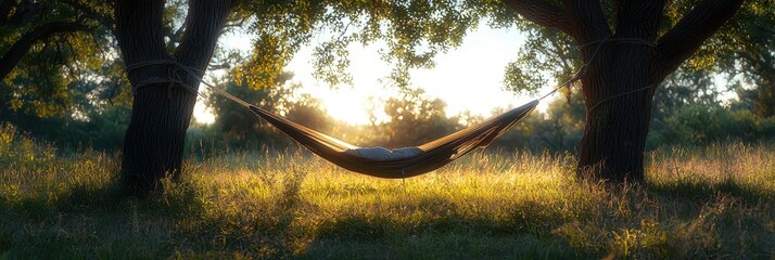 Relaxing moments in a hammock at sunset between two trees in a tranquil outdoor setting