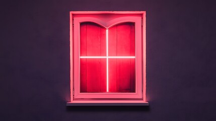 Glowing red neon cross illuminates a closed window at night.