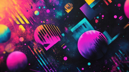 Vibrant abstract background with geometric shapes and colorful planets