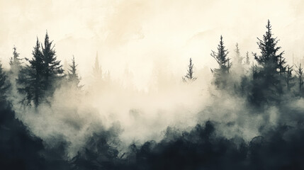 Fototapeta premium Misty forest landscape with dark trees and soft watercolor effect