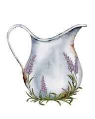 Decorative white pitcher adorned with lavender flowers and green foliage