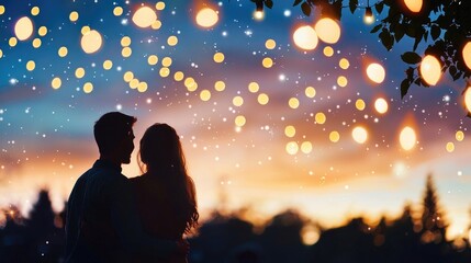 Obraz premium Romantic Couple Silhouetted Against Sunset with Fairy Lights Background