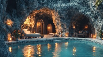 Luminous Cove An Enchanting Subterranean Sanctuary for Relaxation and Rejuvenation   A stunning natural cave pool with dramatic lighting and serene ambiance offering a luxurious escape for wellness
