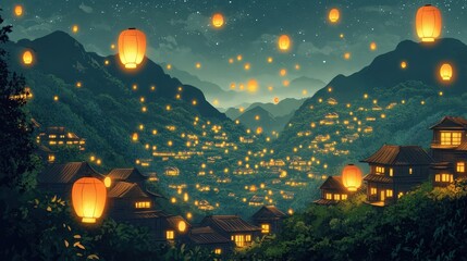 Illuminated Village Nestled Among Mountains Under Starlit Sky