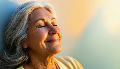 Horizontal indoor portrait of happy elderly woman hugging herself, giving support, showing self-respect and love, sitting on couch with closed eyes in yellow shirt. Human emotions, body language