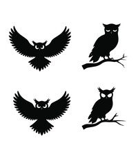 Black Owl Silhouettes Set in Varied Poses on Dark Background