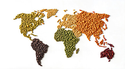 World Map Created with Assorted Colorful Beans on White Background.World pulses day concept