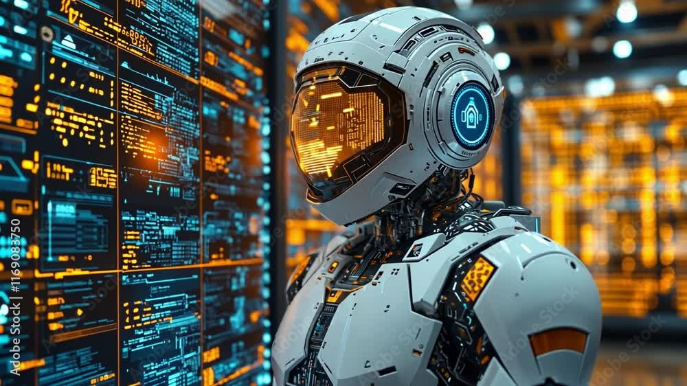 Poster futuristic robotic figure with glowing features in a high-tech data environment