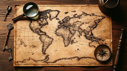A detailed close-up of a vintage world map laid out on an old wooden table. Surrounding elements include a compass, magnifying glass, and antique keys. Warm sepia tones create a nostalgic atmosphere.
