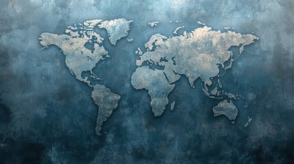 Soft grey world map with textured overlay and transparent watermark design for creative projects