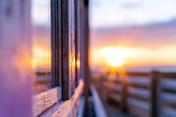 Fototapeta premium This artistic image showcases the reflection of a vibrant sunset on a wooden cabin window, creating a warm ambiance and highlighting the beauty of natural light.