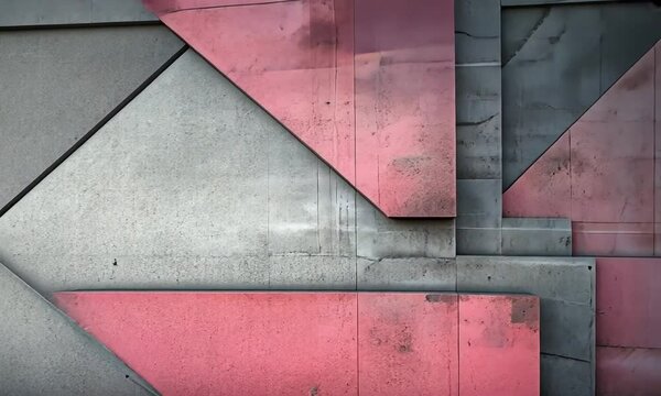 Mur textur&eacute; aux formes g&eacute;om&eacute;triques en b&eacute;ton rouge, gris et noir, style industriel et graphique avec espace n&eacute;gatif copyspace pour architecture, design urbain ou fond visuel contemporain