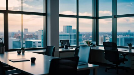 A serene office setting with a city skyline view, showcasing modern design and professional atmosphere during sunset